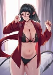 1girl absurdres adjusting_eyewear alternate_costume animal_ears bed bed_sheet black_bra black_hair black_panties blue_eyes bra breasts cleavage collarbone commentary cowboy_shot curtains drunktatsu english_commentary glasses hands_up highres indoors jane_doe_(zenless_zone_zero) large_breasts licking_lips long_hair looking_at_viewer mouse_ears mouse_girl mouse_tail multicolored_hair navel notched_ear panties red-framed_eyewear red_hair red_nails red_shirt sharp_tail shirt solo tail tongue tongue_out unbuttoned underwear window zenless_zone_zero