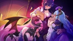 1boy 3girls aeolian_(married_into_hell) big_breasts blush breasts breasts_out cum cum_on_face demon_girl demon_horns demon_tail fellatio flow_(married_into_hell) glasses harem heterochromia horns image juliet_(married_into_hell) licking_penis married_into_hell multiple_girls no_sound on_her_knees oral succubus succubus_horns succubus_tail sucking sucking_penis tagme tail tongue_out video video_games waist_grab worknite_games yuyo_(married_into_hell)