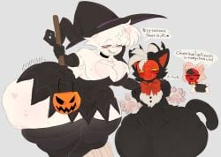 2boys 4_arms angel_dust angel_dust_(hazbin_hotel) angelcakes big_ass big_breasts busty_boy busty_male cat_costume cat_suit choker demon demon_boy demon_girl demon_horns four_arms halloween halloween_costume hazbin_hotel hellaverse helluva_boss long_gloves millie_(helluva_boss) moxxie_(helluva_boss) sharp_teeth spider spider_boy spider_humanoid stockings thick_ass thick_thighs wide_hips witch_costume witch_hat zombvie00