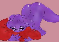 ass ass_focus blush blushing lore_olympus lure_of_selly megaera_(lore_olympus) nude nude_female nudity pillow purple_body purple_hair purple_skin snake snake_hair