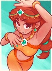 1girl alternate_eye_color aqua_background arabian_clothes armpits artist_name bare_shoulders bracelet bracelets breasts brown_eyes brown_hair circlet cowboy_shot crop_top earrings flower flower_earrings flower_necklace freckles freckles_on_breasts freckles_on_face harem_pants highres jewelry long_hair mario_(series) mario_kart mario_kart_world medium_breasts midriff multicolored_nails nail_polish navel necklace nintendo official_alternate_costume pants perspective princess_daisy princess_daisy_(oasis) sleeveless smile solo tsuvida yellow_pants