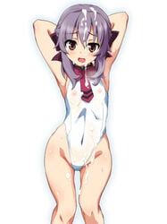 armpits blush breasts brown_eyes bukkake covered_navel cum groin hair_ornament hair_ribbon heart heart-shaped_pupils hiiragi_shinoa looking_at_viewer nipples open_mouth ouhashi owari_no_seraph purple_hair ribbon see-through simple_background small_breasts smile sweat swimsuit swimwear symbol-shaped_pupils white_background