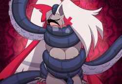 asphyxiation blush bondage breasts edwin_(poparc_nsfw) gag gagged grey_body grey_skin hair hazbin_hotel hellaverse large_breasts long_hair naked nude original_character pink_sclera ponytail poparc_nsfw ribbon suffocating sweat tentacle tentacle_bondage tentacle_gag tentacle_gagged vaggie_(hazbin_hotel) vivziepop white_hair