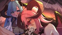 married_into_hell video_games tagme 2girls succubus demon_girl demon_horns succubus_horns horns flow_(married_into_hell) yuyo_(married_into_hell) big_breasts blush blushing blue_hair image worknite_games cum_inside cum cum_in_mouth happy_sex watching watching_sex embarrassed embarrassed_female female open_mouth teaching blowjob oral fellatio in_front_of_another 1boy looking_at_another sucking sucking_penis penis_grab glasses pink_hair cumming