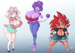 owlandras sheepish_(series) oc original_character amelia_hedge amelia_(protagon) penelope_de_caniche penelope_(protagon) clara_soffers clara_(protagon) 3girls trio female female_only furry anthro dog dog_girl poodle hedgehog hedgehog_girl eulipotyphlan sheep sheep_girl caprine clothing clothed cleavage nipple_bulge skirt daisy_dukes shorts short_shorts booty_shorts strapless strapless_top choker armband bracelet tail thick_thighs hooves ass 5_fingers hand_on_hip hand_on_breast yellow_eyes yellow_sclera blue_eyes red_body red_fur purple_body purple_fur pink_body pink_fur eyelashes shortstack taller_female shy shy_female bimbo punk punk_girl crossed_legs standing legs_together gluteal_fold leggings top_heavy busty hourglass_figure leaning_forward legs_apart legs_spread 3_toes 4_fingers clawed_fingers collarbone mascara eyeliner raised_eyebrow snout jewelry pearl_necklace necklace barefoot breasts big_breasts skindentation cleavage_overflow barely_contained bursting_breasts bakunyuu deep_cleavage head_tuft pompadour head_tilt looking_back looking_away looking_at_viewer half-closed_eyes bedroom_eyes