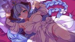 married_into_hell video_games tagme demon_girl demon_horns horns flow_(married_into_hell) big_breasts worknite_games blush blue_hair bride bridal_garter bridal_gauntlets bridal_stockings bride_gown thighhighs long_hair breast_slip clothed_sex laying_down looking_at_viewer 1girl disembodied_hand imminent_sex clothed pinned pinned_down pinned_arms pinned_to_bed shadow silhouette female