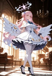 1girl ai_assisted ai_generated angel_wings bangs blue_archive blue_bow blue_neckwear bow breasts curvaceous curvy curvy_female curvy_figure dress eyebrows_visible_through_hair feathered_wings female full_body hair_ornament high_heels indoors long_hair looking_at_viewer medium_breasts mika_(blue_archive) miyuai pantyhose pink_hair shoes short_sleeves smile solo standing table thick thick_ass thick_butt thick_hips thick_legs thick_thighs very_long_hair voluptuous voluptuous_female white_dress white_legwear white_wings wide_hips wide_thighs wings wrist_cuffs