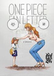 2d 2d_(artwork) 2girls bra breasts crying fat_breasts female female_only flat_belly girl_(one_piece_fan_letter) holding_own_breasts large_breasts nami_(one_piece) one_piece reference_image same_character tattoo tattoo_on_arm topless topless_female younger_female