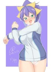 1girl 9rimson blue_jacket blue_streaks blush border bow breasts breath celina commentary_request cowboy_shot cross-body_stretch double-parted_bangs green_eyes hair_between_eyes hair_bow highres jacket large_breasts long_sleeves looking_at_viewer multicolored_hair no_pants open_mouth outside_border panties ponytail purple_background purple_hair pussy_juice pussy_juice_drip_through_clothes serena_(yu-gi-oh!) serena_(yu-gi-oh!_arc-v) short_hair smile solo streaked_hair stretching sweat thighs track_jacket underwear white_border white_panties yellow_bow yu-gi-oh! yu-gi-oh!_arc-v