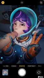 3d 3d_(artwork) alien blender blowjob blue_jumpsuit blush camera clothed dick female female_focus gloved_handjob gloves hair hand_on_penis handjob helmet jacket jumpsuit juno_(overwatch) kissing_penis looking_at_viewer male nezkort orange_clothing overwatch overwatch_2 pale-skinned_female peace_sign penis phone phone_camera pink_hair pink_purple_hair purple_hair self_upload selfie solo sucking sucking_tip unzipped unzipped_jacket wet_lips