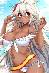 areola_slip areolae bare_shoulders beach bikini blonde_hair blue_sky breasts cleavage clenched_hand dark-skinned_female dark_skin day female flower granblue_fantasy groin hair_flower hair_ornament hibiscus large_breasts long_hair looking_at_viewer navel nipple_slip nipples ocean red_eyes sky smile solo swimsuit tenken_(gotannda) the_order_grande v white_hair