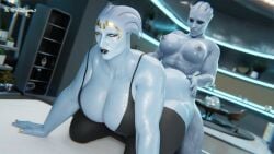 3d asari asari_futa assa_yere bra doggy_style female futa_on_female futanari golden_accessories golden_nails hands_on_ass kneehighs mass_effect muscular_futa size_difference thick_female yeetiques