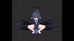 1girl angel angel_wings animated black_hair black_wings bored_expression bouncing_breasts bouncing_on_penis clothed_sex cowgirl_position dark_angel fallen_angel female halo hidden_penis knife_ears long_hair married_into_hell monster_girl neutral_expression no_sound pixel_animation pixel_art riding_penis tagme vaginal_penetration video video_games worknite_games