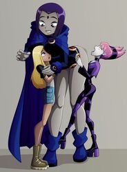 3girls ass_grab belt boots clothing dc dc_comics female female_only flat_chest footwear gloves handwear jinx_(dc) large_breasts multiple_girls pink_hair pouch purple_hair rachel_roth raven_(dc) ravenravenraven straight_hair teen_titans terra terra_(dc) wide_hips