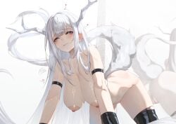 1girl absurdres annasui_factory azur_lane breasts cleavage dragon_girl dragon_horns dragon_tail eastern_dragon_horns eastern_dragon_tail highres horns kizu_(azur_lane) large_breasts long_hair nude reflection sidelocks solo tail white_hair