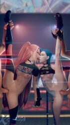 2boys 2girls 3d athletic athletic_female crossover female female_focus fortnite hourglass_figure jinx_(league_of_legends) keszza kpop_demon_hunters league_of_legends mira_(kpop_demon_hunters) riot_games slim slim_female slim_waist small_breasts splits standing standing_sex standing_splits tagme wide_hips