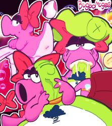 1boys 1girls 2d anthro birdo birdo_(character) blowjob blurred_background blurry_background bubbles bugbomcgee cloaca cock_ring cock_worship collage cum cum_in_mouth diamond_ring green_body green_penis large_penis leaning_on_object mario_(series) mascara mascara_tears nintendo penis_on_face pink_body pink_skin pubic_hair red_bow ring ring_on_finger super_mario_bros. the_super_mario_galaxy_movie wart_(mario) white_belly