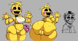5_fingers accessory ambiguous_gender anthro anus beakless bib big_breasts big_butt biting_thigh black_sclera bodily_fluids breasts bubble_butt buckteeth butt caliginous candle colored eyelashes female female_anthro fingers five_nights_at_freddy's five_nights_at_freddy's_2 food genitals grey_background group hair head_tuft hi_res human humanoid_genitalia humanoid_vulva larger_anthro larger_female looking_at_viewer looking_back looking_back_at_viewer machine male male_human mammal mask narrowed_eyes navel necktie open_mouth open_smile plump_labia presenting presenting_hindquarters raised_arms security security_guard security_uniform sharp_teeth simple_background size_difference smaller_ambiguous smile sweat teeth thick_thighs third-party_edit toy_chica_(fnaf) trio tuft vulva wearing_mask white_eyes wide_hipped_anthro wide_hipped_female wide_hips y_anus yellow_body