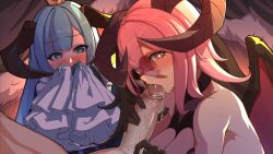 married_into_hell video_games tagme 2girls succubus demon_girl demon_horns succubus_horns horns flow_(married_into_hell) yuyo_(married_into_hell) big_breasts blush blushing blue_hair image worknite_games happy_sex watching watching_sex embarrassed embarrassed_female female open_mouth teaching blowjob oral fellatio in_front_of_another 1boy looking_at_viewer looking_at_another sucking sucking_penis penis_grab glasses pink_hair tip_sucking