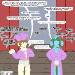 planttentacles diaper duo wearing_diaper wet_diaper jester jester_hat comedy stage stage_curtains dialogue english_text embarrassed accident blue_body green_hair brown_hair eyeless blush