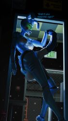 five_nights_at_freddy's bonnie_(fnaf) robot robot_girl robot_humanoid robot_futa futanari futa horsecock horsecock_futa blue_body blue_hair blue_penis blue_lips blue_lipstick flaccid flaccid_penis holding_penis bored bored_expression rktzxq green_eyes glowing_eyes ears ears_down red_cheeks looking_at_viewer text inviting inviting_to_sex inviting_viewer inviting_to_anal breasts naked breasts_out exit_sign sign warning_sign dark_background dark_room balls ass looking_down_at_viewer tall tall_futa solo solo_focus solo_futa door_frame blender blender_(artwork) 3d 3d_(artwork) dust_particles