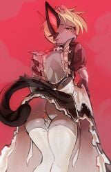 2024 absolute_territory animal_crossing anthro anus backsack balls bent_legs blonde_hair blush bodily_fluids butt clothed clothing clothing_lift domestic_cat dress dress_lift eyewear felid feline felis femboy fluffy fluffy_balls fluffy_tail genitals glasses hair hi_res kimintaq legwear looking_back maid_uniform male mammal nintendo no_underwear presenting presenting_hindquarters raymond_(animal_crossing) red_background simple_background solo spank_marks sweat sweatdrop sweaty_butt tail thigh_highs uniform upskirt white_clothing white_legwear white_thigh_highs