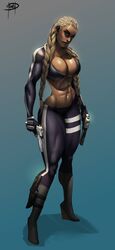 1girls 2018 big_breasts blonde_hair braids breasts dark-skinned_female dark_skin female female_only guns knife long_hair megaween muscular_female original_character pistol solo thick_thighs tights