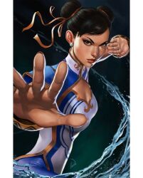 1girl big_breasts blue_leggings bracelet bracelets breasts brown_eyes brown_hair capcom china_dress chinese_clothes chun-li chun-li_(street_fighter_6) cleavage_cutout clothing_cutout cowboy_shot double_bun dress earrings eyeliner eyeshadow fighting_stance hair_bun hair_ribbon ivan_talavera jewelry large_breasts leggings looking_at_viewer makeup narrow_waist pearl_earrings pillarboxed red_lips ribbon street_fighter street_fighter_6 western_comics_(style)