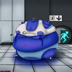 blueberry_inflation spherical_inflation chell portal_(series) valve lactation lactating lactation_through_clothes lactating_through_clothing leaking leaking_pussy leaking_juice blueberry_juice stretched_clothing 1girls solo solo_female female female_only body_inflation blue_body round_body navel belly outie_navel anurahylidae