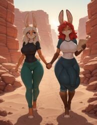 ai_assisted ai_generated anthro artist_name big_breasts blue_eyes brown_fur bulge cameltoe canyon desert duo eyes_closed female fully_clothed furry futanari gynomorph happy holding_hands holding_object huge_penis huge_testicles hycilora lagomorph orange_fur outdoors pants red_hair shirt walking white_fur white_hair