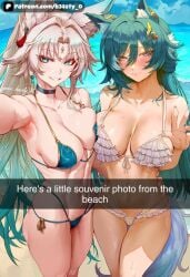 2girl 2girls abs ai_generated almost_naked almost_nude animal_ears b34sty_0 beach big_boobies big_boobs big_breasts big_tits big_titties bikini bikini_bottom bikini_top blush boobs breasts breasts_against_breasts breasts_pressed_against_partner breasts_pressed_together ears eyes feixiao_(honkai:_star_rail) female female_only fox_ears fox_tail full-face_blush green_bikini green_bikini_bottom green_bikini_top green_eyes green_hair hair half_naked half_nude honkai:_star_rail honkai_(series) honkai_star_rail large_boobies large_boobs large_breasts large_tits large_titties long_hair looking_at_viewer multicolored_hair muscular muscular_female outdoors patreon ponytail purple_eyes sand selfie selfie_pose shy smile standing staring_at_viewer sweatdrop sweating tail teeth tits water watermark white_bikini white_bikini_bottom white_bikini_top white_hair white_tail yukong_(honkai:_star_rail) yuri