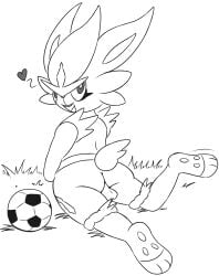 2026 3_toes absurd_res anthro backsack ball balls big_ears biped black_and_white butt cheek_tuft cinderace digital_drawing_(artwork) digital_media_(artwork) facial_tuft feet generation_8_pokemon genitals grass heart_symbol hi_res hindpaw lagomorph looking_at_viewer looking_back looking_back_at_viewer male male_anthro mammal mincheeto monochrome nintendo nude nude_anthro nude_male open_mouth open_smile paws plant pokemon pokemon_(species) rear_view short_tail smile smiling_at_viewer soccer_ball solo tail teeth toes tuft