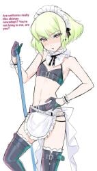 1boy androgynous bikini blush blushing_at_viewer embarrassed femboy femboy_only lio_fotia maid maid_apron maid_bikini maid_headdress petite petite_body petite_male promare slim slim_male slim_waist solo stockings thighhighs twink blushing feminine_male blonde_hair bob_cut short_hair text dialogue tricked crossdressing nervous shy bikini_top thin_waist thin short_male
