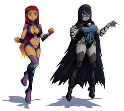 2girls big_breasts boots dc dc_comics female female_only green_eyes grey_skin injustice:_gods_among_us injustice_2 koriand'r large_breasts leotard purple_hair rachel_roth raven_(dc) ravenravenraven red_hair smooth_skin starfire tamaranean teen_titans thigh_boots thigh_high_boots thighhigh_boots thighhighs wide_hips