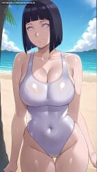 1girl ai_generated bangs bare_shoulders beach black_hair blue_sky blunt_bangs boruto:_naruto_next_generations breasts cleavage closed_mouth cloud collarbone covered_navel cowboy_shot dandanhub day highleg highleg_swimsuit hinata_hyuuga hyuuga_hinata large_breasts looking_at_viewer naruto naruto_(series) naruto_shippuden ocean one-piece_swimsuit outdoors purple_eyes shiny shiny_skin short_hair sky smile solo swimsuit thigh_gap thighs tree uzumaki_hinata white_eyes white_one-piece_swimsuit