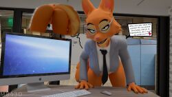 2023 3d_(artwork) accessory anthro anus apple_inc. apple_macintosh artist_name bottomless bottomless_anthro bottomless_female butt canid canine clothed clothing computer computer_keyboard computer_mouse dialogue diane_foxington diane_foxington_(furromantic) digital_media_(artwork) dreamworks electronics english_text eyewear female fox franticm84 fur genitals glasses half-closed_eyes heart_symbol hi_res imac leaning_on_table looking_at_viewer mammal narrowed_eyes necktie orange_body orange_fur shirt solo speech_bubble suit tail talking_to_viewer text the_bad_guys topwear vulva