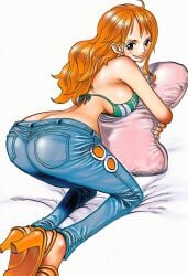 1girls accurate_art_style accurate_body_type ai_generated arm_tattoo ass ass_focus back bare_shoulders bed bed_sheet bent_over big_ass big_breasts bikini bikini_top bikini_top_only blue_pants breasts brown_eyes busty closed_mouth clothed clothing curvy earrings eiichiro_oda_style eyelashes female_focus female_only footwear from_behind full_body full_color green_bikini hair_over_shoulder happy head_turned high_heels highres holding holding_object holding_pillow hugging_pillow indoors jeans jewelry kneeling large_ass large_breasts leaning_forward light-skinned_female light_skin line_art long_hair looking_at_viewer looking_back looking_over_shoulder manga_style nami_(one_piece) narrow_waist on_bed one_piece orange-haired_female orange_eyes orange_hair pants pearl_earrings pillow pillow_hug shiny_clothes shiny_skin shoes sideboob sidelocks simple_background single_sidelock smile soft_shading solo solo_focus striped_bikini swimsuit tattoo tattooed_arm thin_eyebrows tight_clothing tight_pants wavy_hair white_background