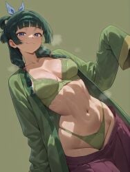 1girls ai_generated bangs blue_eyes blunt_bangs blush bow bra breasts cleavage collarbone green_bra green_hair green_panties hair_ribbon japanese_clothes kusuriya_no_hitorigoto long_hair looking_at_viewer maomao_(kusuriya_no_hitorigoto) medium_breasts navel open_clothes panties ribbon smile solo stomach sweat tagme underwear undressing
