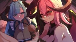 1boy 2girls big_breasts blowjob blue_hair blush cum cum_in_mouth cum_inside demon_girl demon_horns embarrassed embarrassed_female fellatio female flow_(married_into_hell) glasses happy_sex horns image in_front_of_another licking_lips licking_penis looking_at_another looking_at_viewer married_into_hell no_sound open_mouth oral penis_grab penis_lick pink_hair smile smiling succubus succubus_horns sucking sucking_penis tagme teaching video video_games watching watching_sex worknite_games yuyo_(married_into_hell)