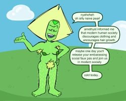 1girl 1girls 1humanoid 2020s 2025 4_fingers 4_toes armpit_hair armpits bragging cartoon_network casual clip_studio_paint_(artwork) clip_studio_paint_(medium) closed_eyes digital_drawing_(artwork) digital_media_(artwork) dumbochumbo english_text eyes_closed female green_armpit_hair green_hair green_pubic_hair green_skin green_text hairy hairy_female hi_res high_resolution highres hirsute humanoid_only leg_hair mouth_open naked naked_female naked_humanoid nonsexual nonsexual_nudity not_furry nude nude_female nude_humanoid nudist on_model open_mouth peridot_(steven_universe) pubic_hair solo solo_female solo_focus solo_humanoid speech_bubble steven_universe