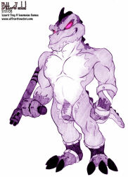 ratchet_and_clank bitterjackal 2008 dated video_games thugs-4-less muscular balls penis foreskin uncircumcised pubic_hair simple_background white_background monochrome purple_theme 3_toes 3_fingers 1boy solo lizard male male_only gay yaoi