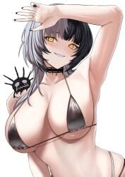 1girls absurdres arm_up armpits bikini black_bikini black_choker black_hair black_nails blush breasts choker commentary female female_only fingernails grin highres hololive hololive_english large_breasts long_hair multicolored_hair nail_polish shiori_novella si_farid simple_background smile solo split-color_hair swimsuit two-tone_hair virtual_youtuber white_background white_hair yellow_eyes yorick_(shiori_novella)