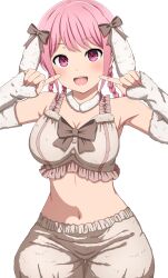 noshimurin bang_dream! 1girls female_only female female_focus solo very_high_resolution simple_background white_background portrait cowboy_shot maruyama_aya pink_hair long_hair swept_bangs eyebrows_visible_through_hair braid pink_eyes :d open_mouth smile upper_teeth tongue fingers_to_cheeks index_finger_raised collarbone armpit_crease breasts large_breasts navel shadow standing fake_animal_ears animal_ears bow brown_bow cleavage detached_sleeves detached_collar fur_collar fur_sleeves sleeves_past_wrists long_sleeves midriff buttons pants puffy_pants