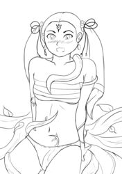 aged_up aikiyun blush clothed_sex consensual_tentacles female golden_sun golden_sun_dark_dawn himi monochrome sarashi sketch tattoo tentacle tentacle_sex twintails vines wood