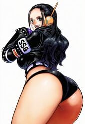 1girls :d accurate_art_style accurate_body_type ai_generated armband ass ass_focus back back_view black-haired_female black_clothes black_hair black_jacket black_panties black_underwear blue_eyes breasts busty clothed clothing cowboy_shot crop_top cropped_jacket curvaceous earpiece eiichiro_oda_style eyelashes female female_focus female_only forehead from_behind full_color gloves hair_slicked_back happy headphones high_resolution highres jacket large_breasts leather leather_jacket light-skinned_female light_skin line_art lineart long_hair long_sleeves looking_at_viewer looking_back manga_style nico_robin official_style one_piece open-mouth_smile open_mouth panties pantsu pinup purple_gloves shiny shiny_clothes sideboob simple_background smile soft_shading solo solo_focus standing teeth text_on_clothes thighs underwear upper_teeth upper_teeth_only viewed_from_behind white_background