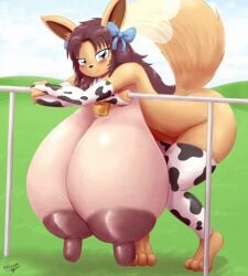 1girls 2020 accessory animal_print animated anthro areola armwear bad_anatomy bare_shoulders barefoot bent_over big_breasts big_nipples blinking blue_bow blue_eyes blush breast_focus breasts bridal_gauntlets brown_areola brown_hair clothed clothing cow_print cowbell eevee erect_nipples feet female female_only full-length_portrait furry furry_only glistening glistening_body glistening_breasts glistening_hair glistening_skin hair hair_accessory hair_bow hair_ribbon handwear hanging_breasts heart_marking huge_areolae huge_breasts humanoid_hands hyper hyper_breasts hyper_nipples hyperstorm_h inner_ear_fluff kjoee88 knock-kneed leg_warmers legwear long_hair long_nipples looking_at_viewer mostly_nude naomi_minette narrowed_eyes neck_tuft nintendo nipples original outside paws pokemon pokemon_(species) portrait puffy_areola puffy_nipples raised_tail ribbons seductive shorter_than_one_minute signature smile solo squish swaying teasing thick_thighs thigh_squish tight_clothing toes topless tuft two_side_up video_games