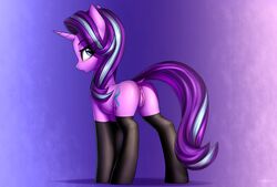 2018 anus ass cutie_mark equine female feral friendship_is_magic highres horn looking_at_viewer mammal multicolored_hair my_little_pony pussy setharu solo starlight_glimmer thighhighs two_tone_hair unicorn