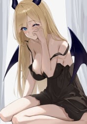 1girl ;) bare_shoulders barefoot black_horns black_negligee blonde_hair blue_eyes breasts cleavage closed_mouth commentary curtains demon_girl demon_horns demon_wings double_strap_slip hand_up haro_art highres hololive horns indoors large_breasts light-skinned_female lingerie long_hair looking_at_viewer negligee one_eye_closed sitting smile solo solo_female solo_focus strap_slip underwear virtual_youtuber wings yuzuki_choco