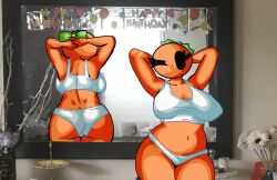 1girls ass belly belly_button breasts chetoh cleavage female female_focus female_only hands_behind_head leaf leaf_hair mandy_(chetoh) oc orange orange_body original original_character panties photo_background posing rear_view smile smiling white_panties white_topwear wink winking_at_viewer
