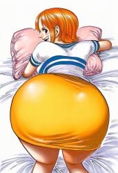 1girls accurate_art_style accurate_body_type ai_generated all_fours ass ass_focus backboob bed bed_sheet bent_over big_ass big_breasts black_eyes blush breasts brown_eyes clothed clothing curvy eiichiro_oda_style eyelashes feet_out_of_frame female_focus female_only from_above from_behind happy highres huge_ass hugging hugging_object hugging_pillow large_ass large_breasts light-skinned_female light_skin line_art looking_at_viewer looking_back manga_style miniskirt nami_(one_piece) on_bed one_piece open_mouth open_mouth_smile orange-haired_female orange_eyes orange_hair orange_skirt pillow pillow_hug pink_pillow pinup presenting presenting_ass shiny_clothes shiny_hair short_hair short_sleeves simple_background skirt smile solo solo_focus striped_shirt teeth thin_eyebrows top-down_bottom-up two-tone_shirt upper_teeth upper_teeth_only viewed_from_above white_background white_shirt yellow_skirt
